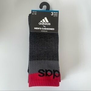 Adidas men’s crew cushioned socks black gray red 3 pack size 6-12